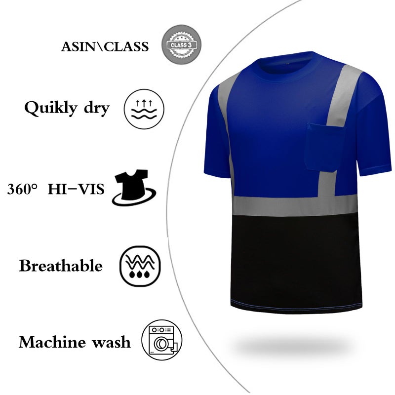 DPSAFETY High Visibility Shirts Quick Dry Safety T Shirts with Reflective Strips and Pocket Short Sleeve Mesh Hi Vis Construction Work Class 2 Shirt for Men/Women Black Bottom Blue,3XL - Image 4
